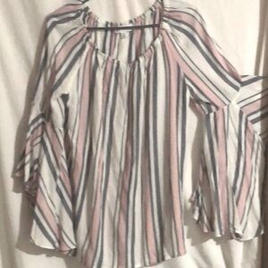 Fever Pink Nectar White Gray Ruffled 3/4 Sleeve Blouse M
